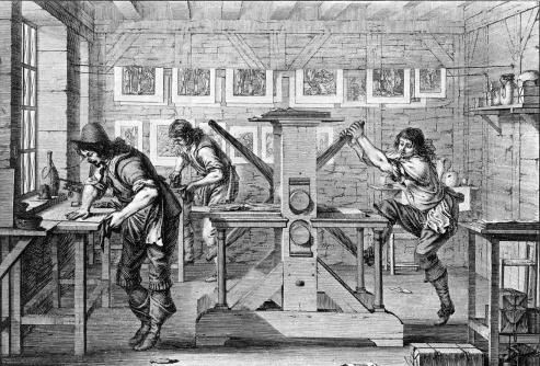 Prentkunst en printechnieken; 17e Eeuwse drukkerij (ets/gravure), A.Bosse (1645)  